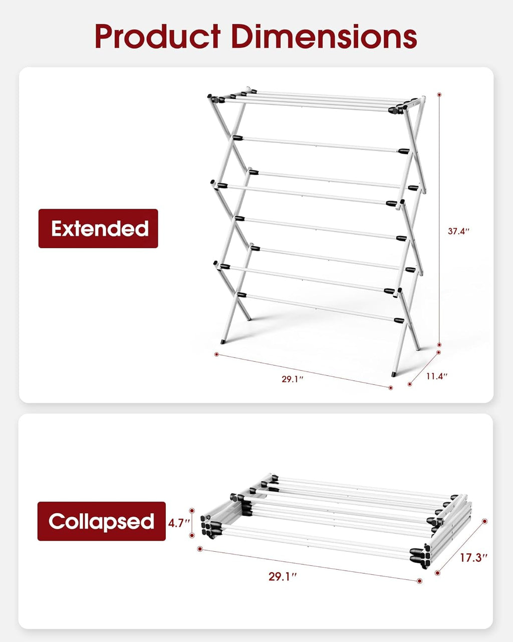 Sakugi Foldable Clothes Drying Rack - Space-Saving 3-Tier Metal Laundry Rack for Indoor & Outdoor Use | 11.4"D x 29.1"W x 37.4"H, White & Black