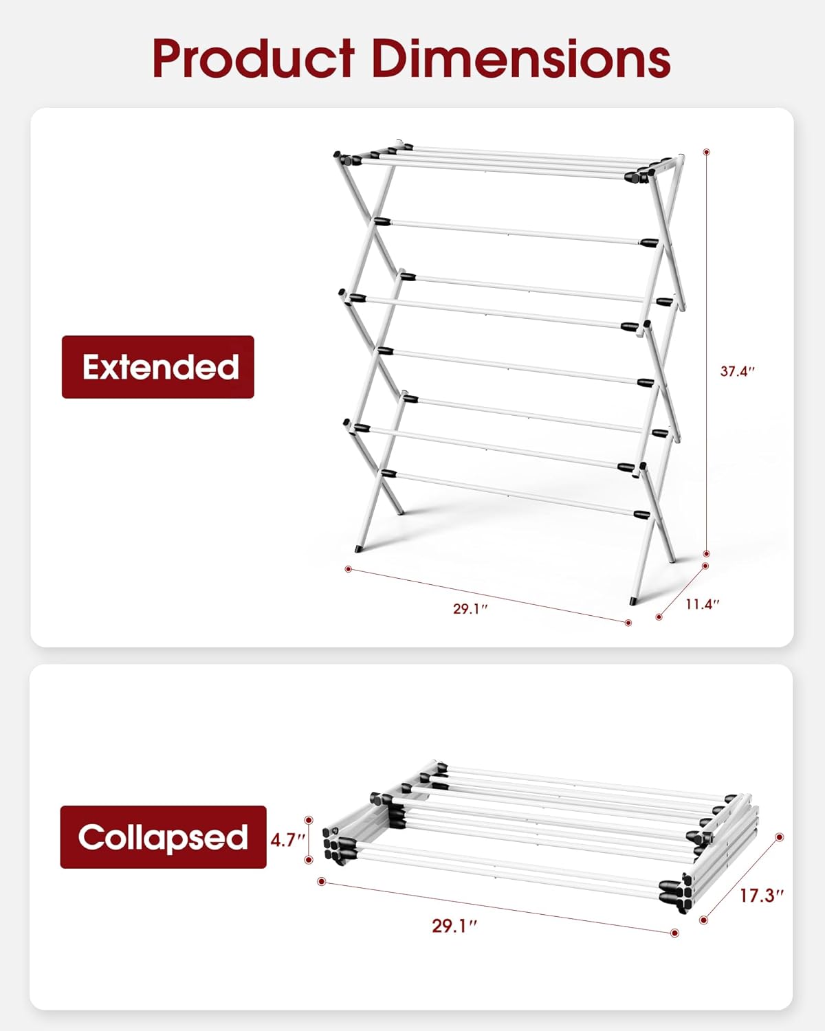 Sakugi Foldable Clothes Drying Rack - Space-Saving 3-Tier Metal Laundry Rack for Indoor & Outdoor Use | 11.4"D x 29.1"W x 37.4"H, White & Black