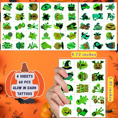 Glow in the Dark Halloween Temporary Tattoos - 60 Pcs Party Favors