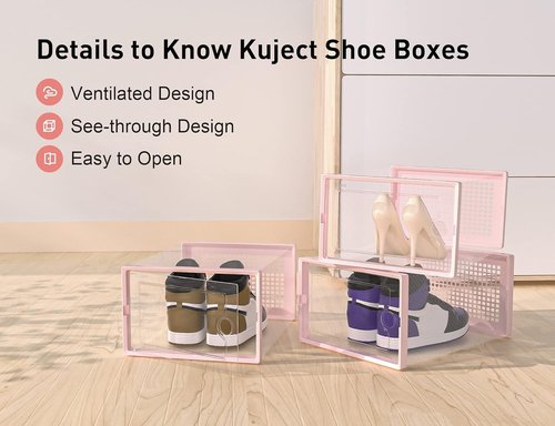 Kuject X-Large Shoe Storage Boxes - Clear Plastic Stackable 12 Pack for Sneakers & Toys | Pink