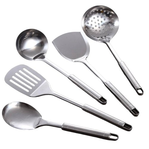 DYAYGPRGP Stainless Steel Cooking Utensils Set, 5 Pcs Stainless Steel Kitchen Utensils Set, Wok Utensils Set Include Wok Ladle, Slotted Spoon, Soup, Wok Spatula and Slotted Spatula