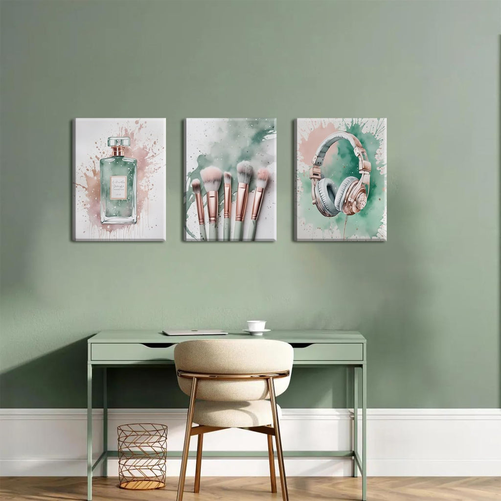 Skiennix Fashion Makeup Canvas Wall Art Set of 3 - Trendy Pink & Green Decor for Teen Girls | 12x16 Inch Framed