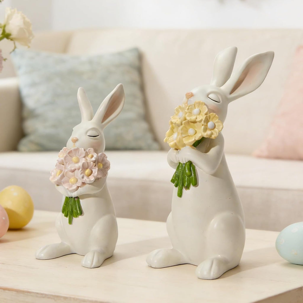 WDS WONDROUS Bunny Figurines Set - Cream White Bunnies with Pastel Flower Bouquets | Cute Spring Home Decor, Set of 2