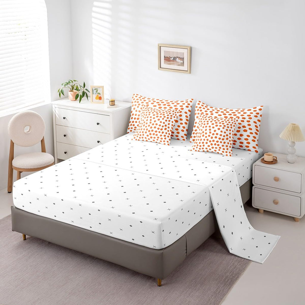 Erosebridal Brush Stroke Sheet Set Queen Size Polka Dots Bed in A Bag 7 Pcs for Kids Girls Boys Farmhouse Orange White Comforter Set Lightweight Bed Set