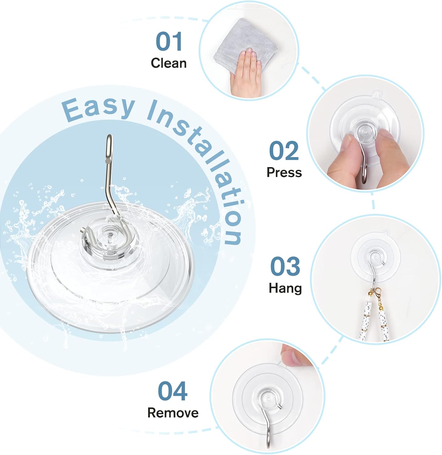 VIS'V Suction Cup Hooks - 1.77 Inch Clear Window Suction Cups with Metal Hooks | 12 Pcs, Removable & Reusable