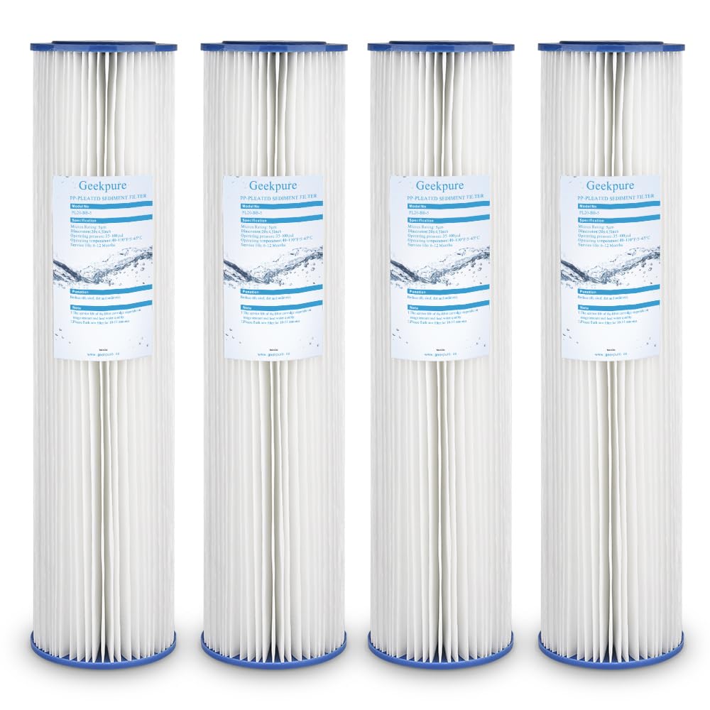 Geekpure Whole House Pleated PP Polypropylene Sediment Replacement Filters -4.5" x 20"-5 Micron -Pack of 4