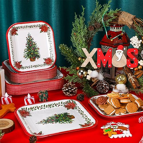 Christmas Paper Plates Disposable Set 100 Pcs Red Green Xmas Tree Design