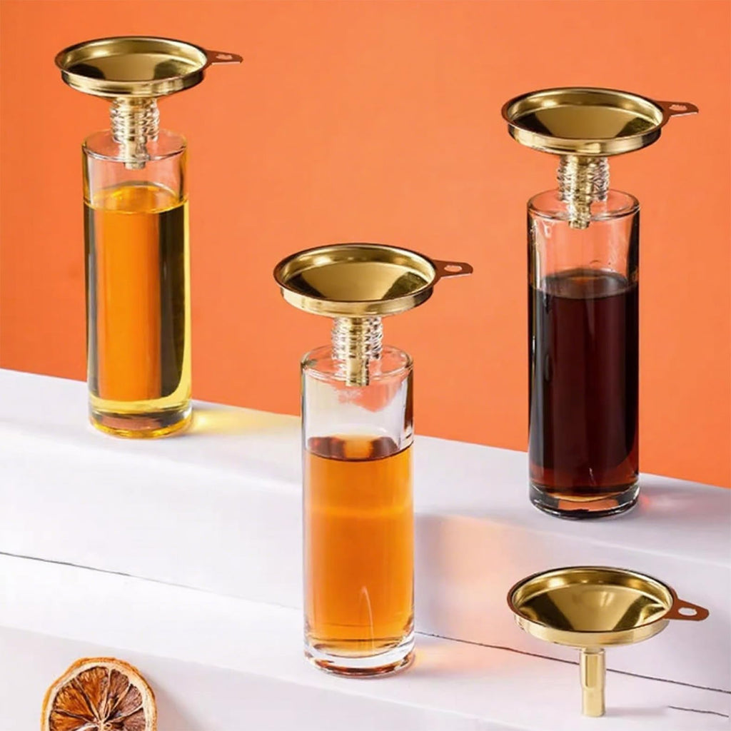 OYWOBET Gold Stainless Steel Funnels for Kitchen Use, Large Tiny Small Funnel Set of 3 with 2Pcs Cleaning Brush Set for Filling Bottles Oil Liquor Water Spice (Gold)