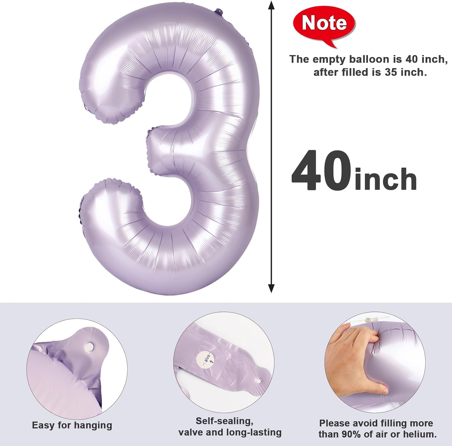 Numbers Balloon - 40 Inch Large Cream Purple Balloon for 3rd Birthday Party Decor | Perfect for Celebrations