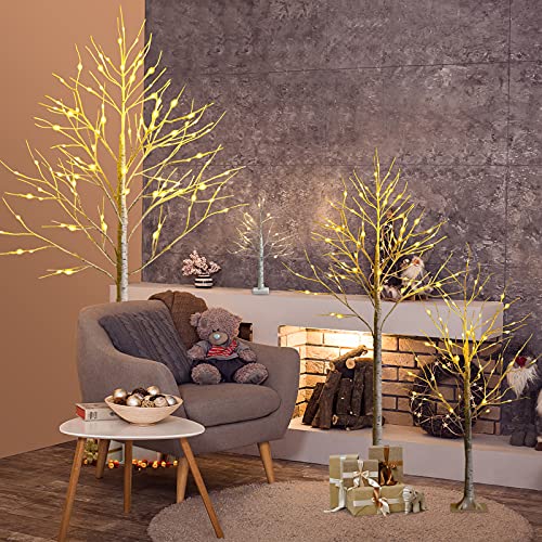 4ft Pre-Lit Christmas Tree with 48 Warm White LED Lights - Artificial White Twig Birch Tree
