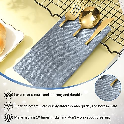 150 Dusty Blue Linen-Like Disposable Napkins for Weddings & Events - Pre Folded with Pocket