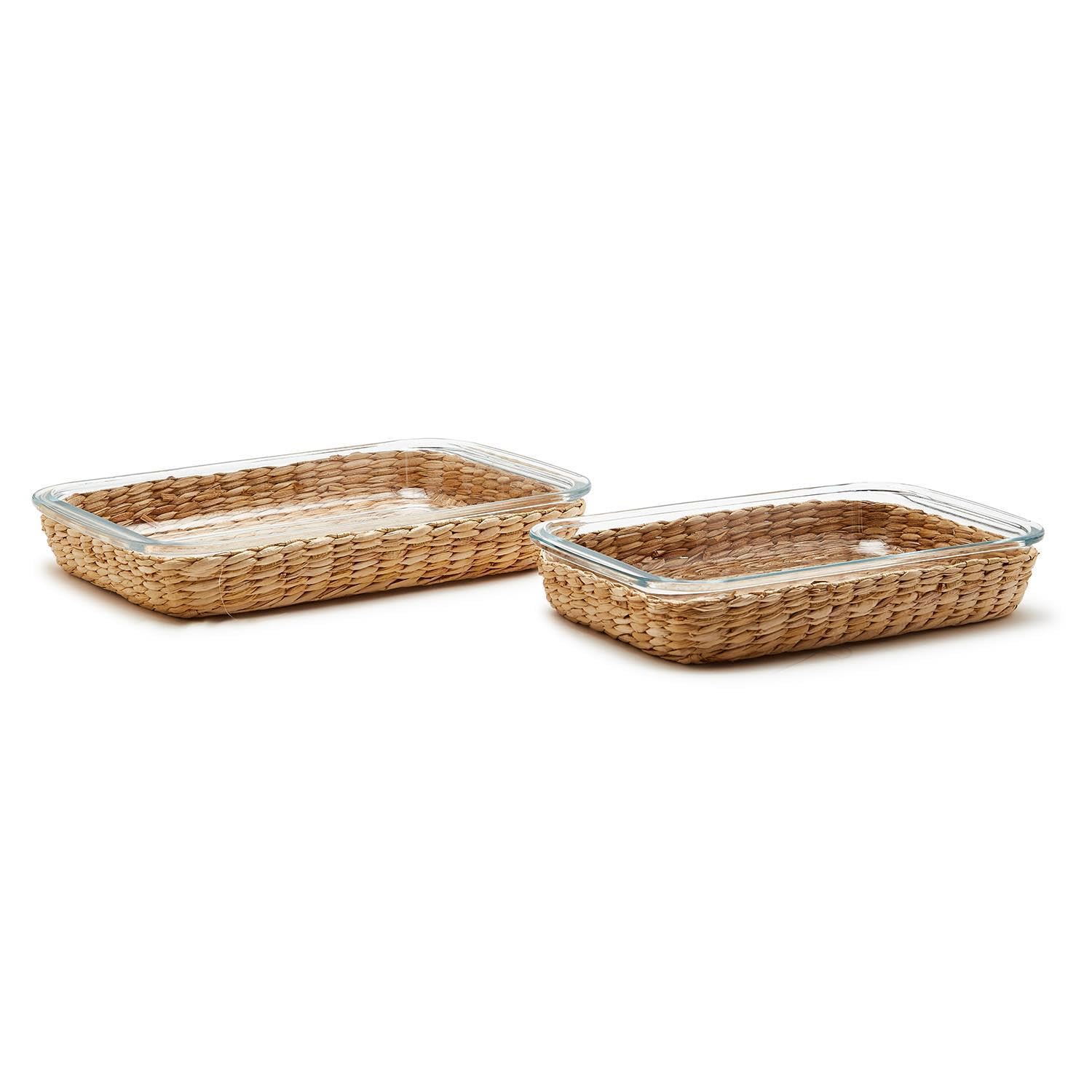 Two's Company Island Chic Set of 2 Borosilicate Glass Baking Dish with Removable Handwoven Lattice, 2.2L and 3L, Glass, Kitchen Serveware Accessories