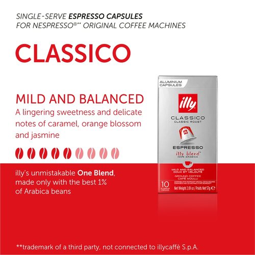 Illy Espresso Compatible Capsules - Classico Roast Coffee Pods with Caramel & Jasmine Notes - 10 Count