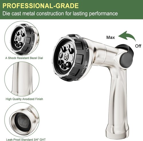 FANHAO Heavy Duty Metal Garden Hose Nozzle - 8 Spray Patterns for High Pressure Watering | Ideal for Lawns & Pets