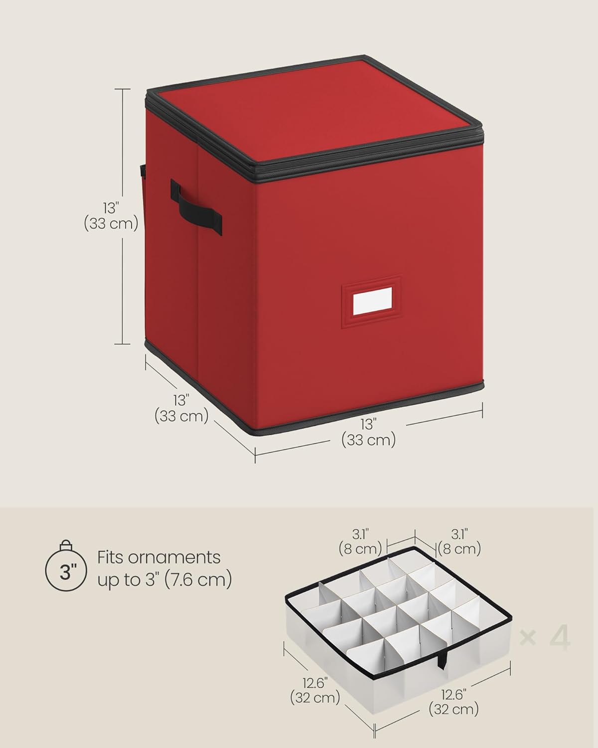 SONGMICS Christmas Ornament Storage Box - Stackable Dual-Zipper Container with 64 Slots, Cherry Red