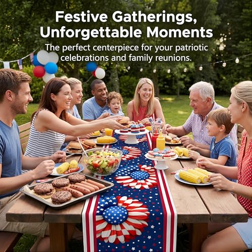 Patriotic 4th of July Table Runner USA Stars Floral Decor