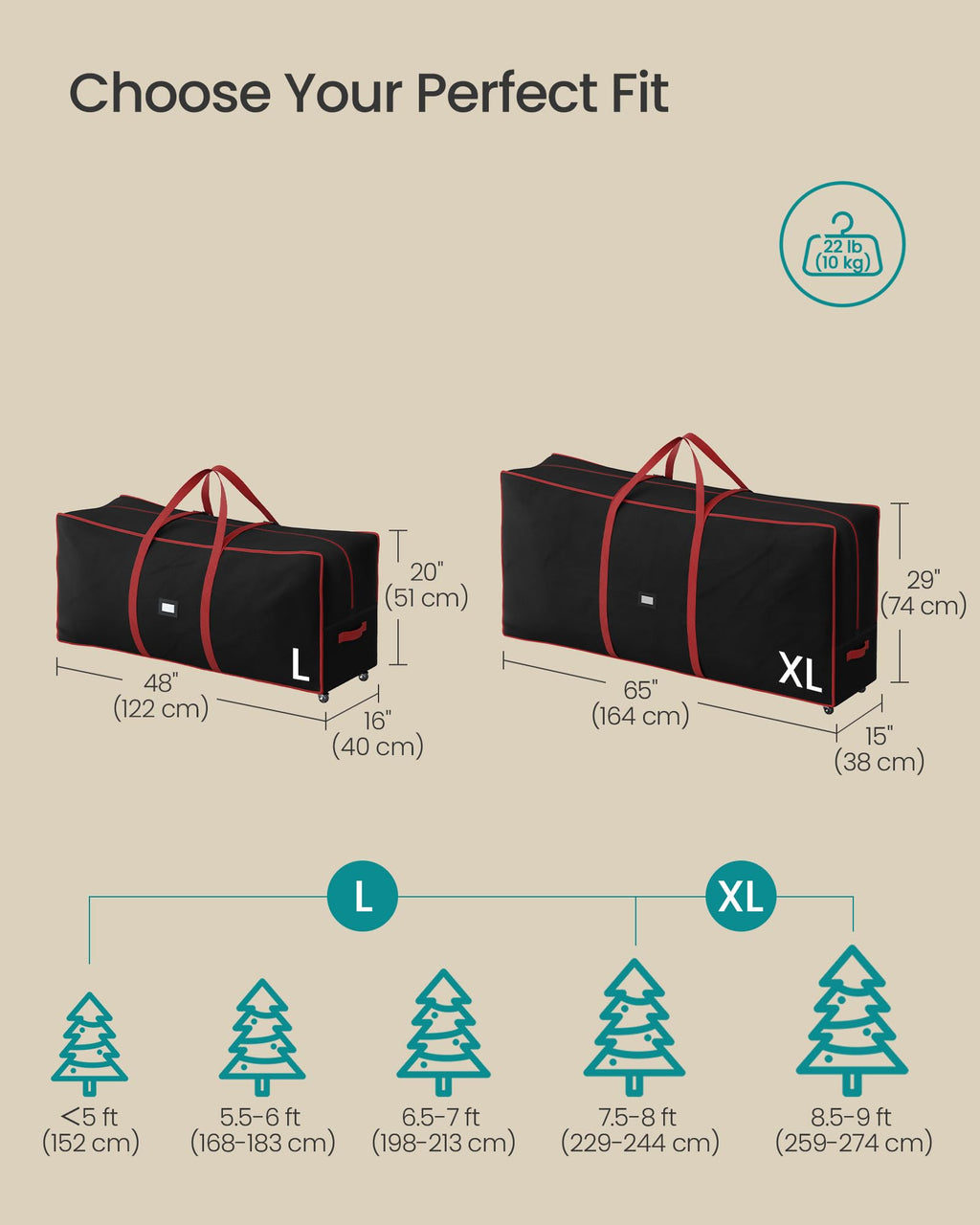 SONGMICS Christmas Tree Storage Bag with 1.6-Inch Wheels, Rolling Storage Bag, up to 9 ft, For Disassembled Holiday Tree, Length-Adjustable Handles, 600D Oxford Fabric, Ink Black URXS004B01