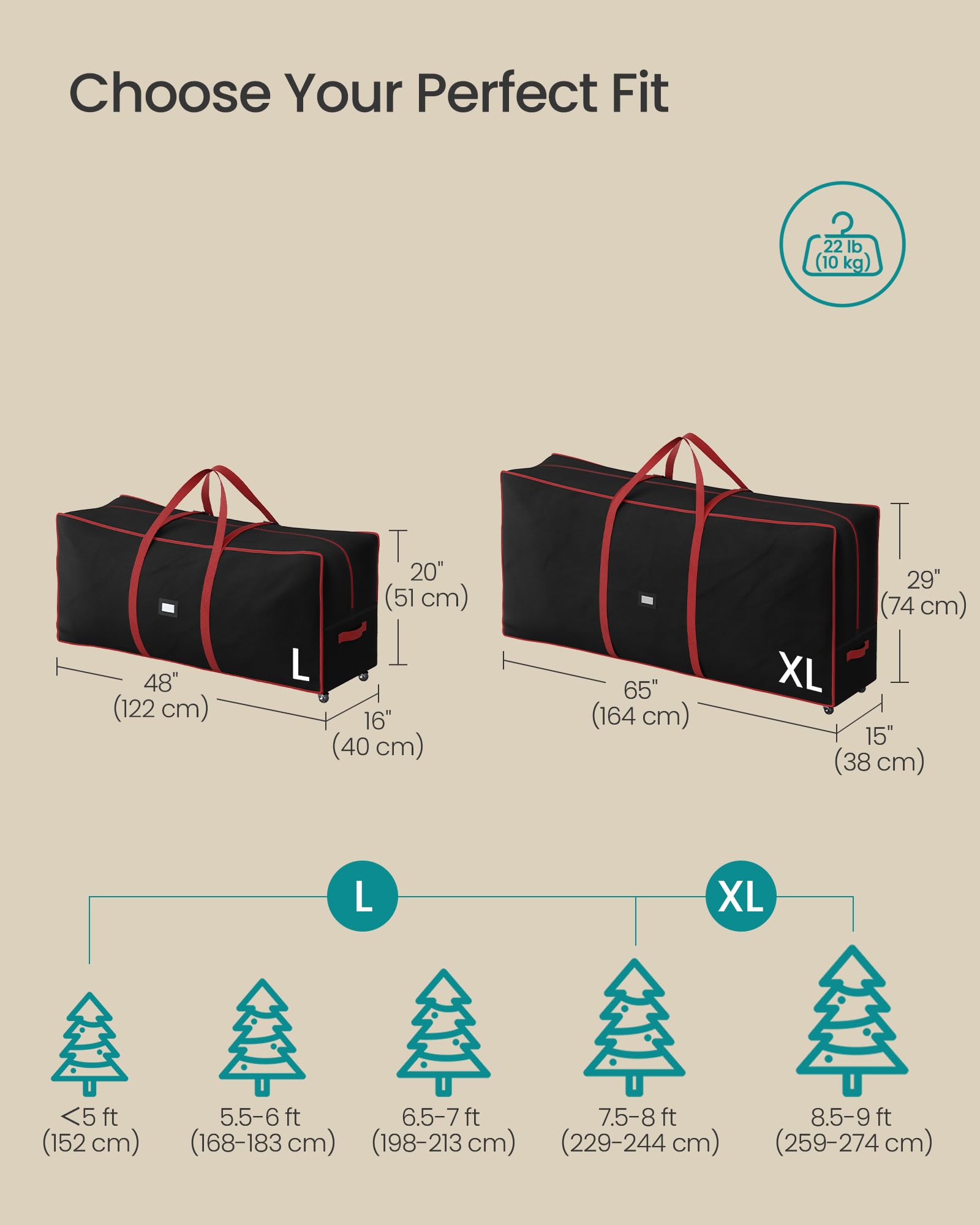 SONGMICS Christmas Tree Storage Bag with 1.6-Inch Wheels, Rolling Storage Bag, up to 9 ft, For Disassembled Holiday Tree, Length-Adjustable Handles, 600D Oxford Fabric, Ink Black URXS004B01