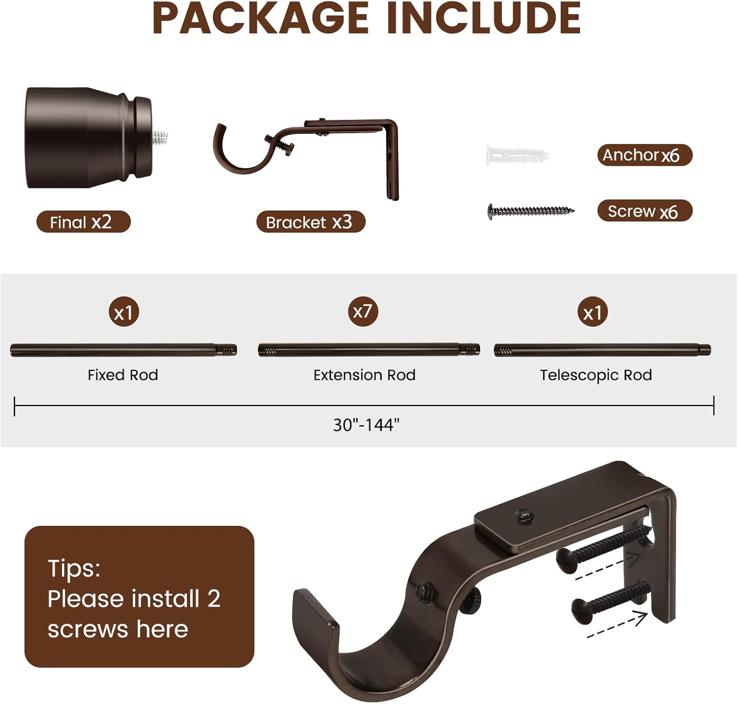 Skiennix Heavy-Duty Adjustable Brown Curtain Rod | 30-144 Inch, Fits 66-120 Inch Windows