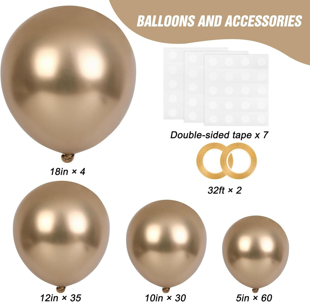 RUBFAC Chrome Gold Balloons - 129-Piece Latex Metallic Balloon Garland Kit for Parties | 5-18 Inch Sizes