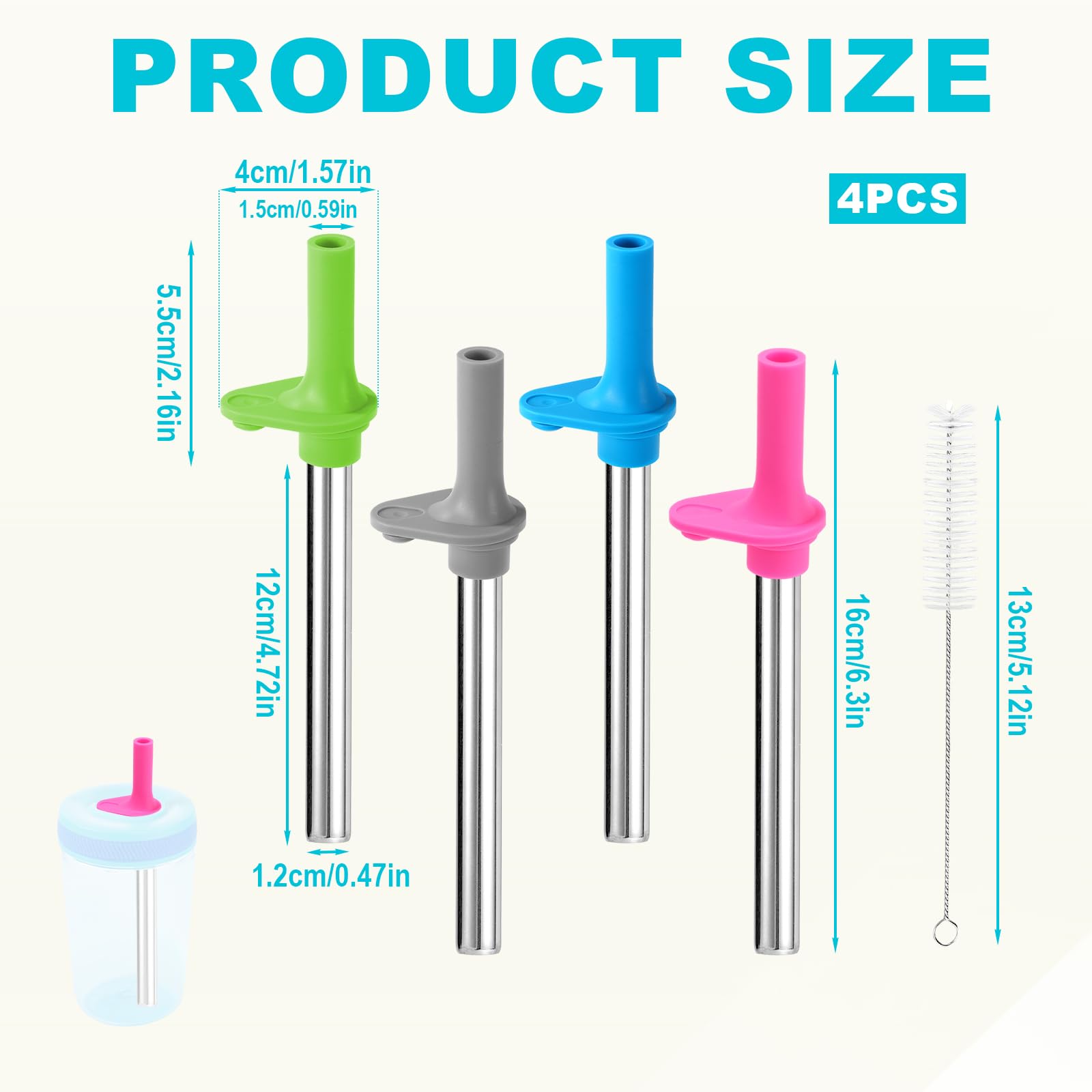 4pcs Straw Replacement for Zak, Stainless Steel Straws with Silicone Bite Valve with Cleaning Brush Cup Replacement Parts for kids Sippy Cups 12oz/ 15oz (4 Colors)