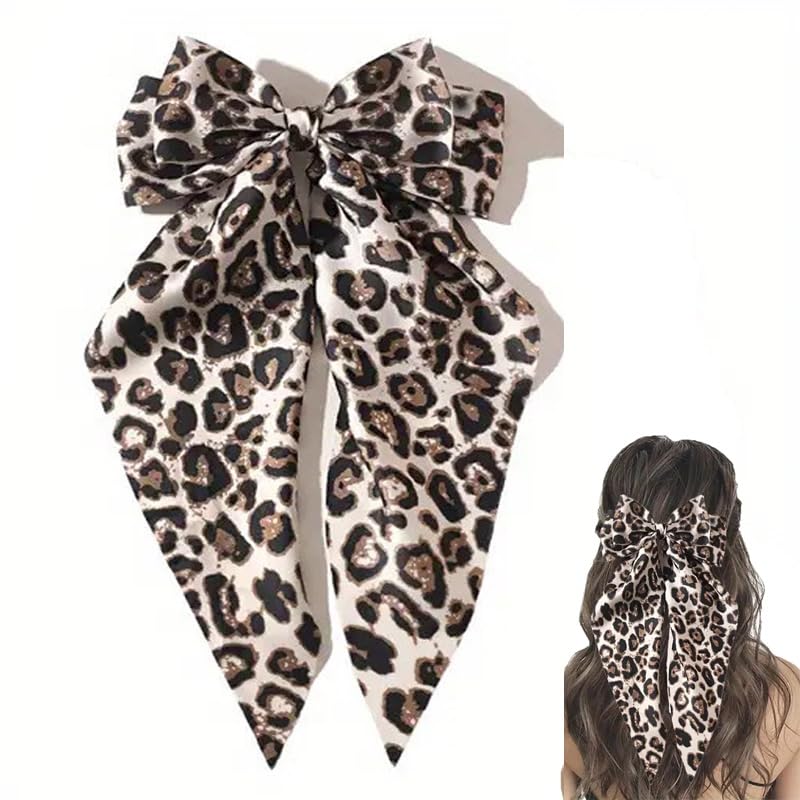 Yellow Leopard Print Satin Hair Bow Clip with Long Tail