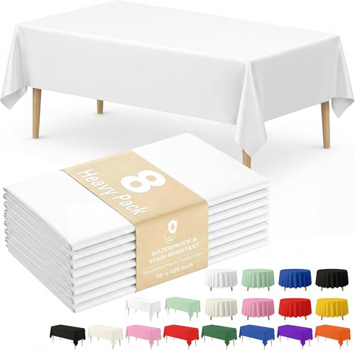 Fixwal Disposable White Plastic Tablecloth - Waterproof Rectangle 70 x 120 Inch | 8 Pack for Parties & Events
