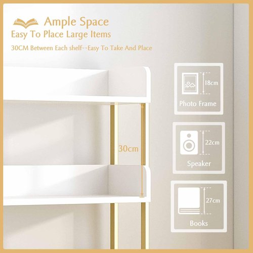 OSCHF Wide Open Shelf Bookcase - Modern 3-Tier Floor Standing Display Bookshelf with Three-Side Panels for Home and Office, Storage Shelving in Warm White with Gold Frame