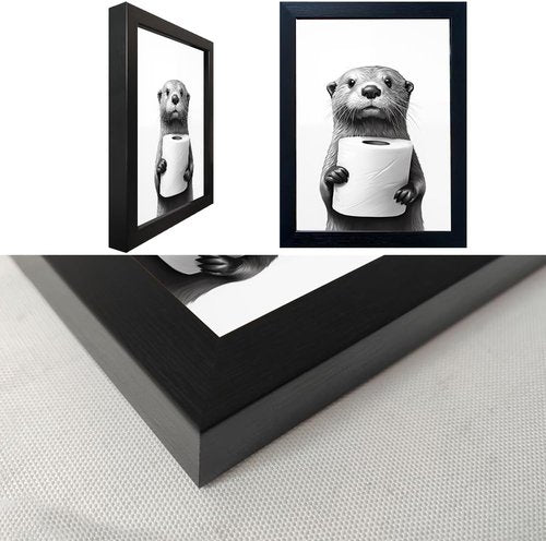 Framed Animal Bathroom Wall Art - Funny Raccoon Holding Toilet Paper | Black and White Canvas Print
