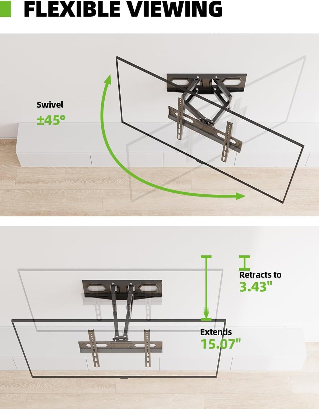 USX MOUNT Full Motion TV Wall Mount for 32-74 Inch Flat Screen | Swivel & Tilt Dual Arms, Max VESA 400x400mm