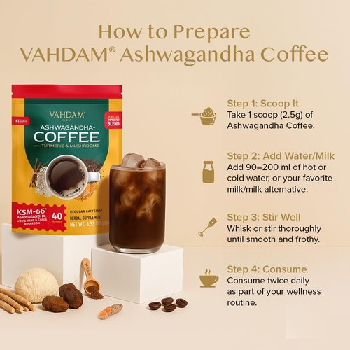 VAHDAM Ashwagandha Coffee with Turmeric, Lion’s Mane & Chaga Mushroom | Clinically Proven KSM 66 Ashwagandha & Pure Arabica Coffee | Stress & Cortisol Support, Better Energy - 40 servings