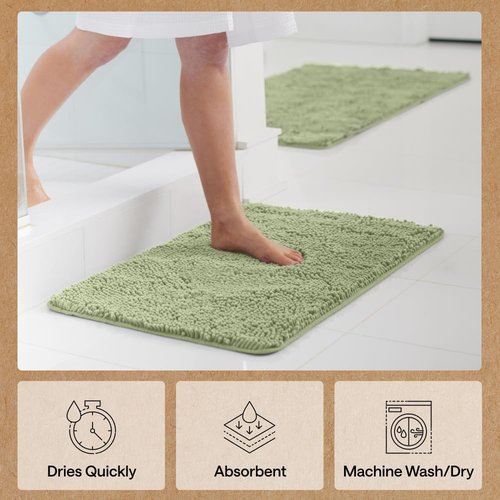 GORILLA GRIP Bath Rug Mat - Soft Absorbent Chenille | Quick-Dry Microfiber 60x17 in Sage Green