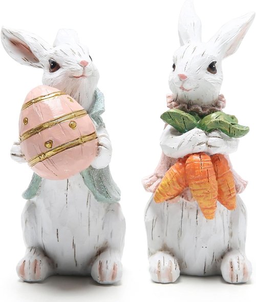 Hodao Easter Bunny Decorations - Spring Home Decor Bunny Figurines | 2-Piece White Rabbit Set
