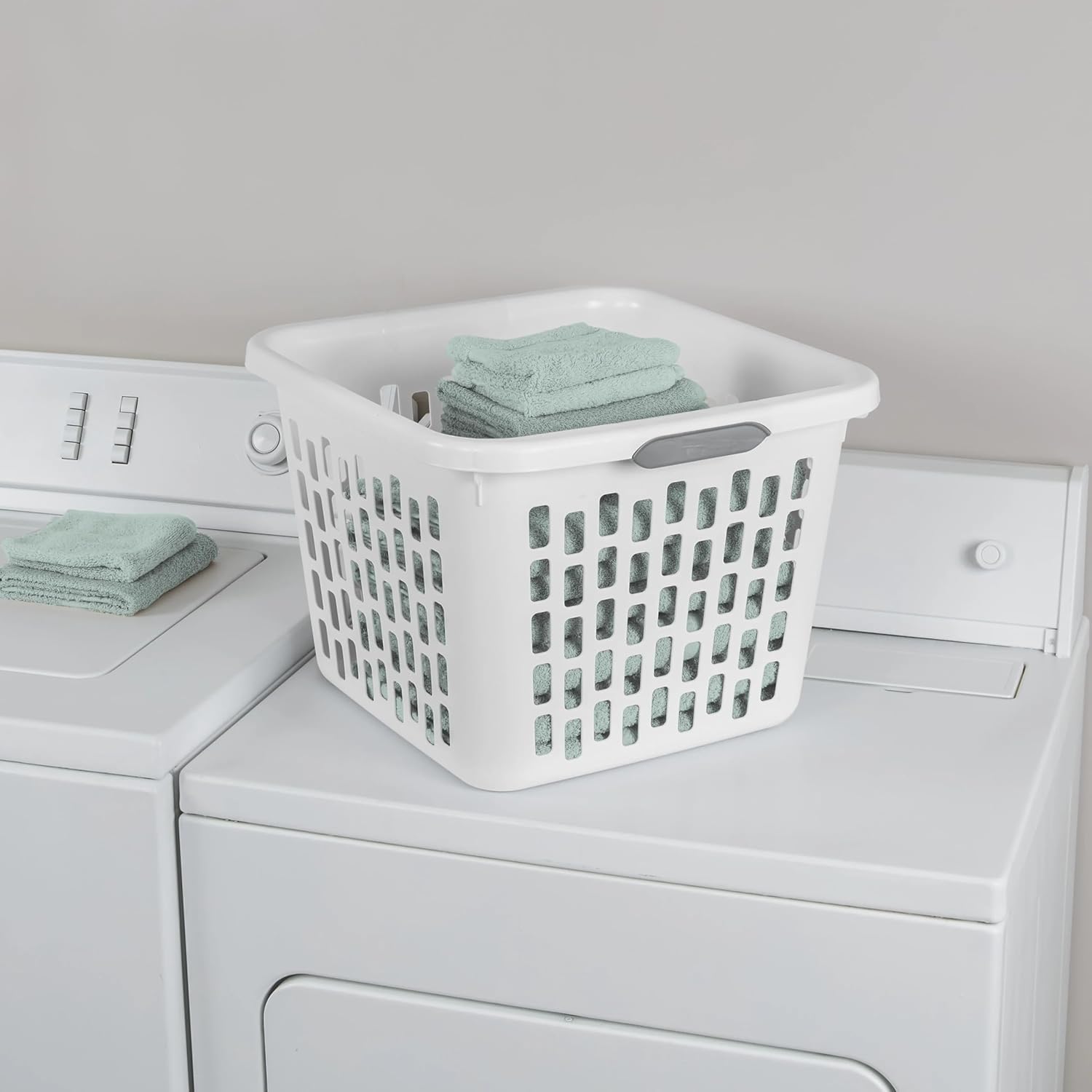 Square Plastic Laundry Basket by [Brand Name] - 1.5 Bushel, BPA-Free, Sturdy & Stackable, White with 2 Comfort Grip Handles
