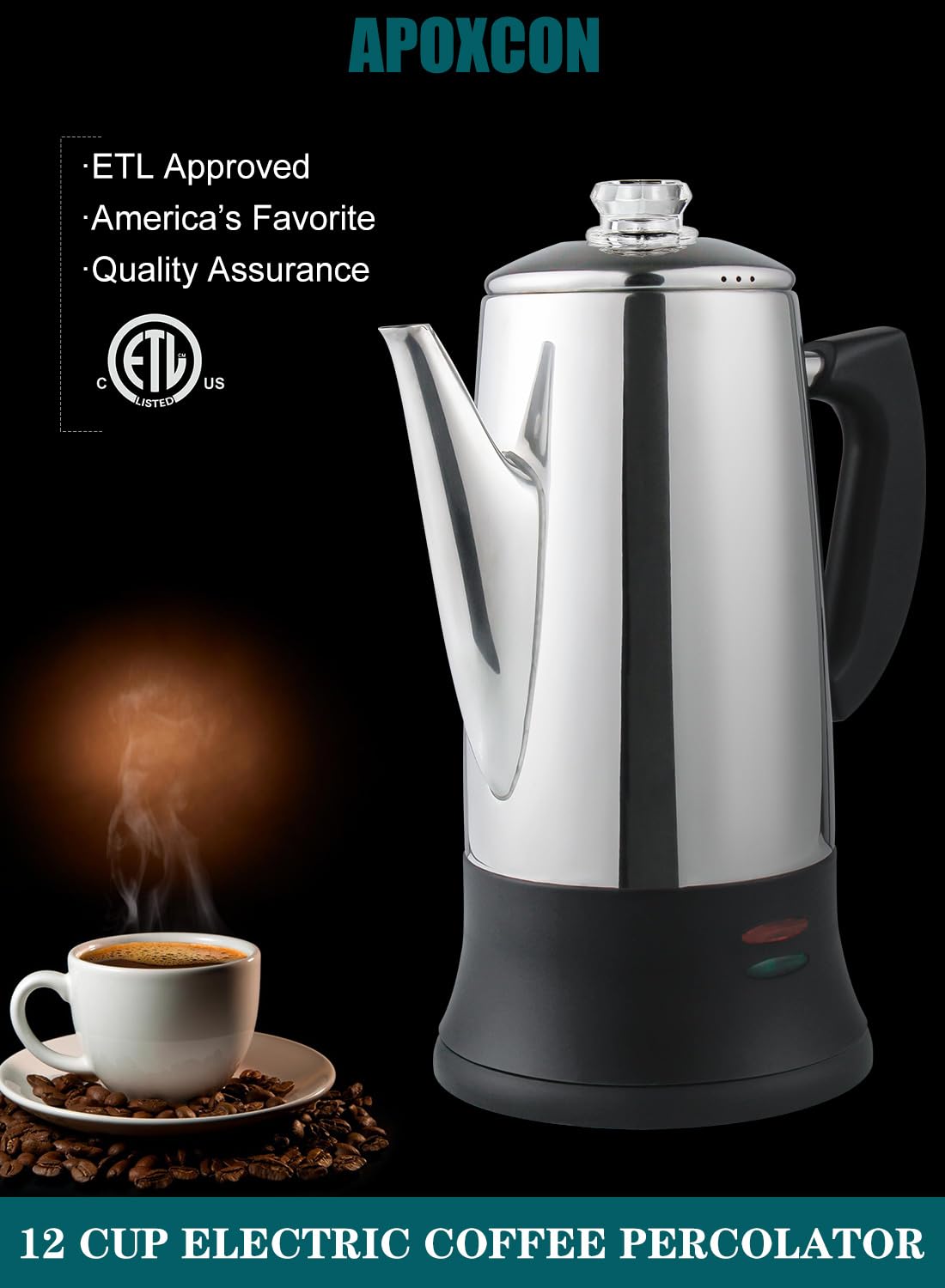 APOXCON Electric Coffee Percolator Stainless Steel Coffee Maker with Two Heat Resistant Tough Glass Clear Brew Progress Knob Classic Look Keep Warm & Cordless Serving Coffee Pot 12 Cup