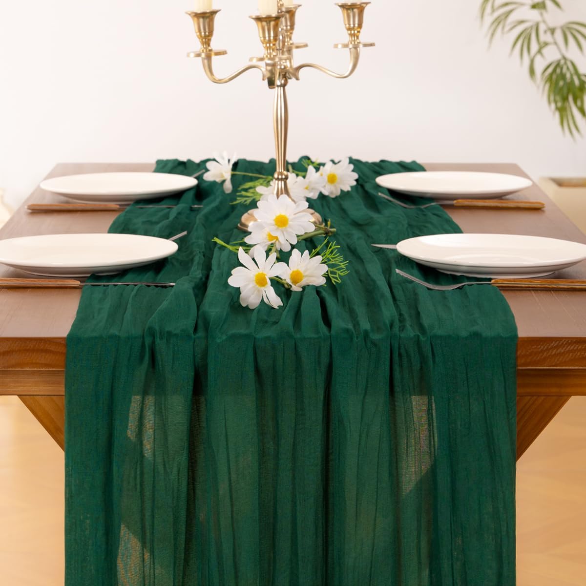 Socomi Emerald Green Cheesecloth Table Runner - 120 Inch Rustic Gauze for Weddings & Events