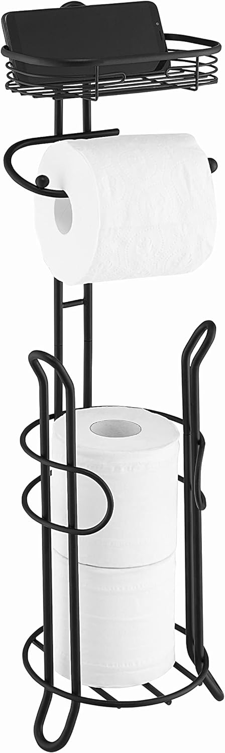 SunnyPoint Toilet Tissue Paper Holder - Heavyweight Storage Stand with Reserve for Mega Rolls | Black