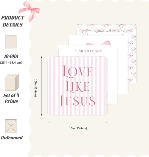 LARTSFRO Coquette Pink Bow Wall Art Decor - Inspirational Christian Posters for Teen Girls | Set of 4, 10x10 Inch Unframed