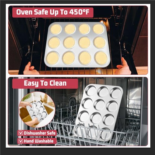E-far Muffin Top Pan, 12-Cavity Stainless Steel Shallow Cupcake Pan for Yorkshire Pudding, Eggs, Whoopie Pie, Cornbread, Non-toxic & Dishwasher Safe - 2 Pcs