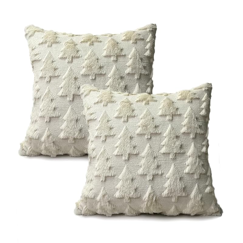Booque Valley 2 Pack Beige Christmas Tree Pillow Covers 20x20 inches - Fuzzy Wool Embroidered 3D Pine Tree