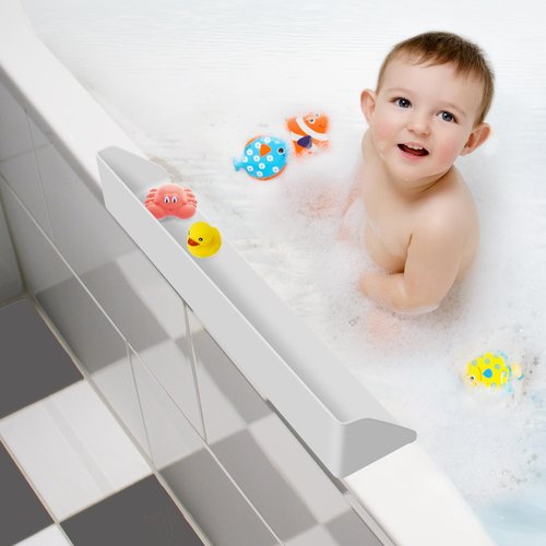 Resseor Splash Guard for Bathtub, 3.8" x 3.6" Silicone Bath Tub Splash Guard with 6 Suction Cups, Bathtub SplashGuard Play Shelf Area for Kids with 3°Drainage Slope for Faster Drying - White