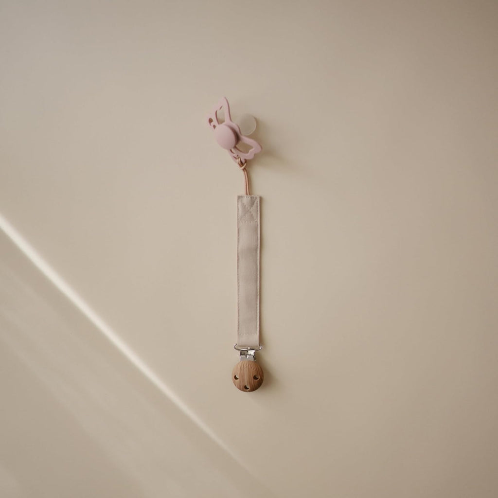 Mushie Linen Baby Pacifier Clip Holder - Soft Fabric Strap, 2-Pack in Olive & Shifting Sand