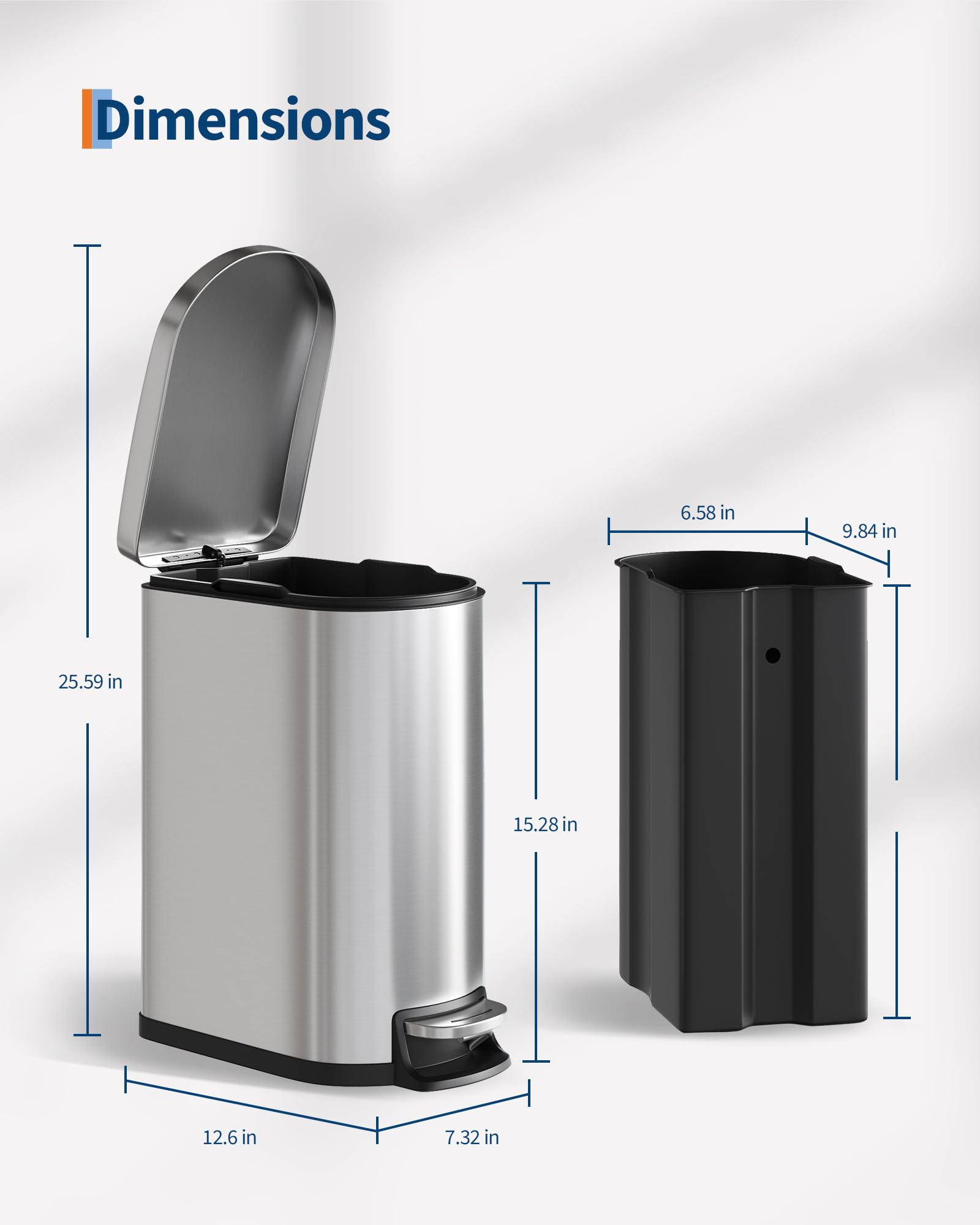 Garvee 13 gal (50 L) and 2.6 gal (10 L) Stainless Steel Trash Can Combo Set, Rustproof Garbage Can with Lid for Kitchen and Bathroom, Step-on Trash Bin with Inner Bucket, Rear Handle, Silver
