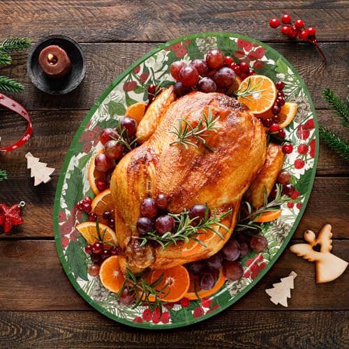 Christmas Oval Paper Plates Holly Berry Pine Cone Disposable Tableware 10x12 Inch - Pack of 50 - Holiday Party Decor