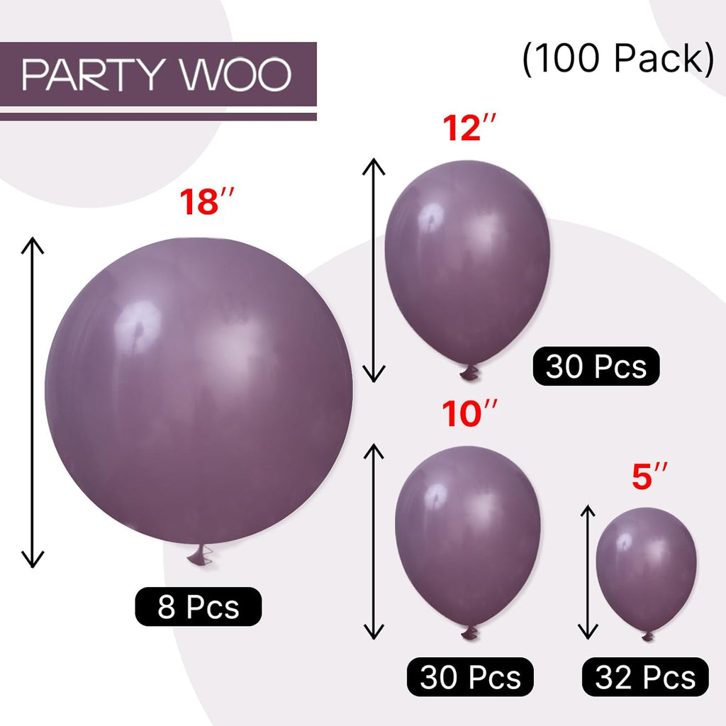 PartyWoo Dusty Purple Balloons - 100 Pcs Latex Helium Balloon Arch Kit | Various Sizes for Baby Shower & Birthday Decor