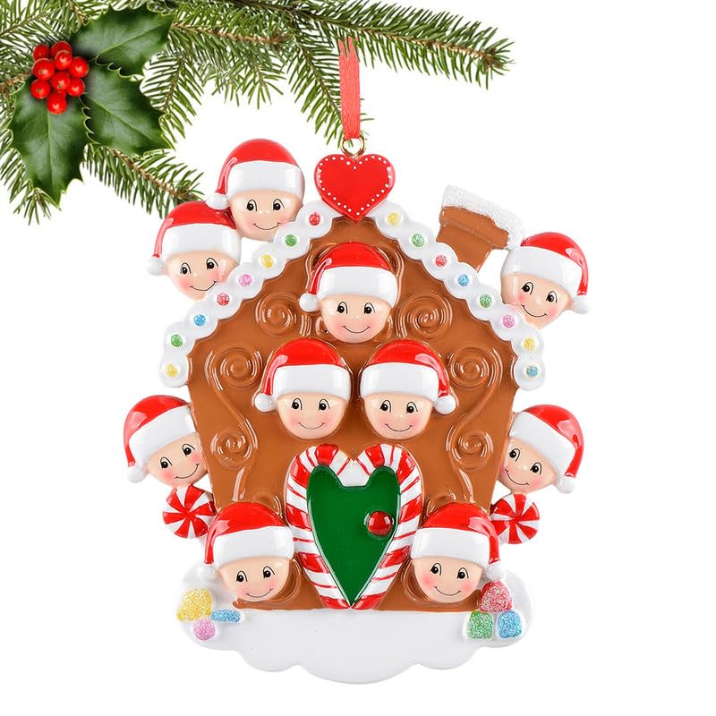 Personalized Gingerbread Family Ornament for 10 - Christmas Keepsake with Hand-Painted Resin Craftsmanship - 10 Heads Variation