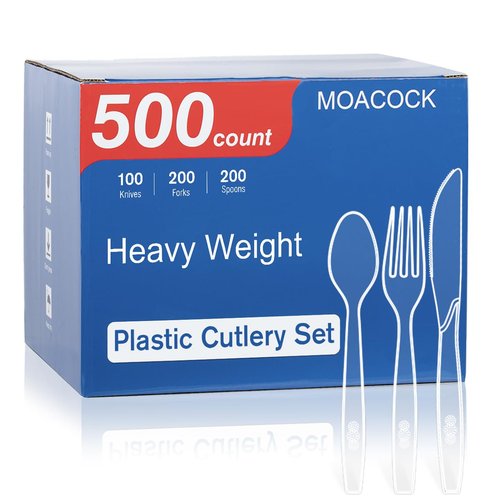 MOACOCK 500 Count Extra Heavy Duty Plastic Silverware, 200 Forks, 200 Spoons, 100 Knives, Disposable Plastic Cutlery Set for Parties, Picnics, Big Event, Daily Use