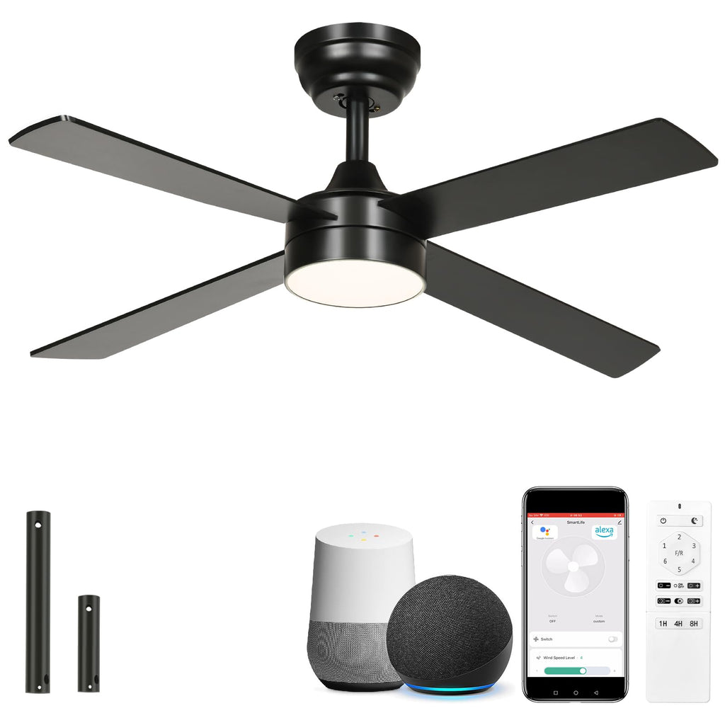 YITAHOME 48 Inch Black Ceiling Fan with Lights and Remote,4 Blades, App Control, Modern Smart Ceiling Fan Compatible with Alexa for Indoor, Reversible Quiet Motor, Memory Function