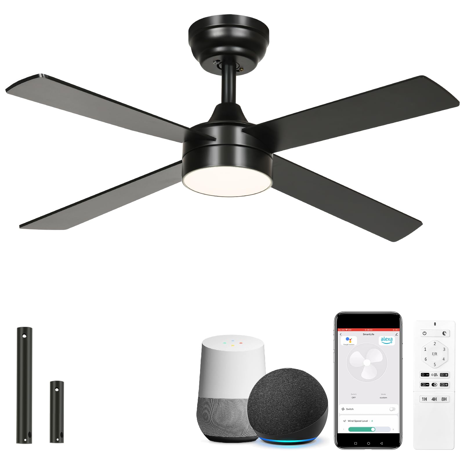 YITAHOME 48 Inch Black Ceiling Fan with Lights and Remote,4 Blades, App Control, Modern Smart Ceiling Fan Compatible with Alexa for Indoor, Reversible Quiet Motor, Memory Function