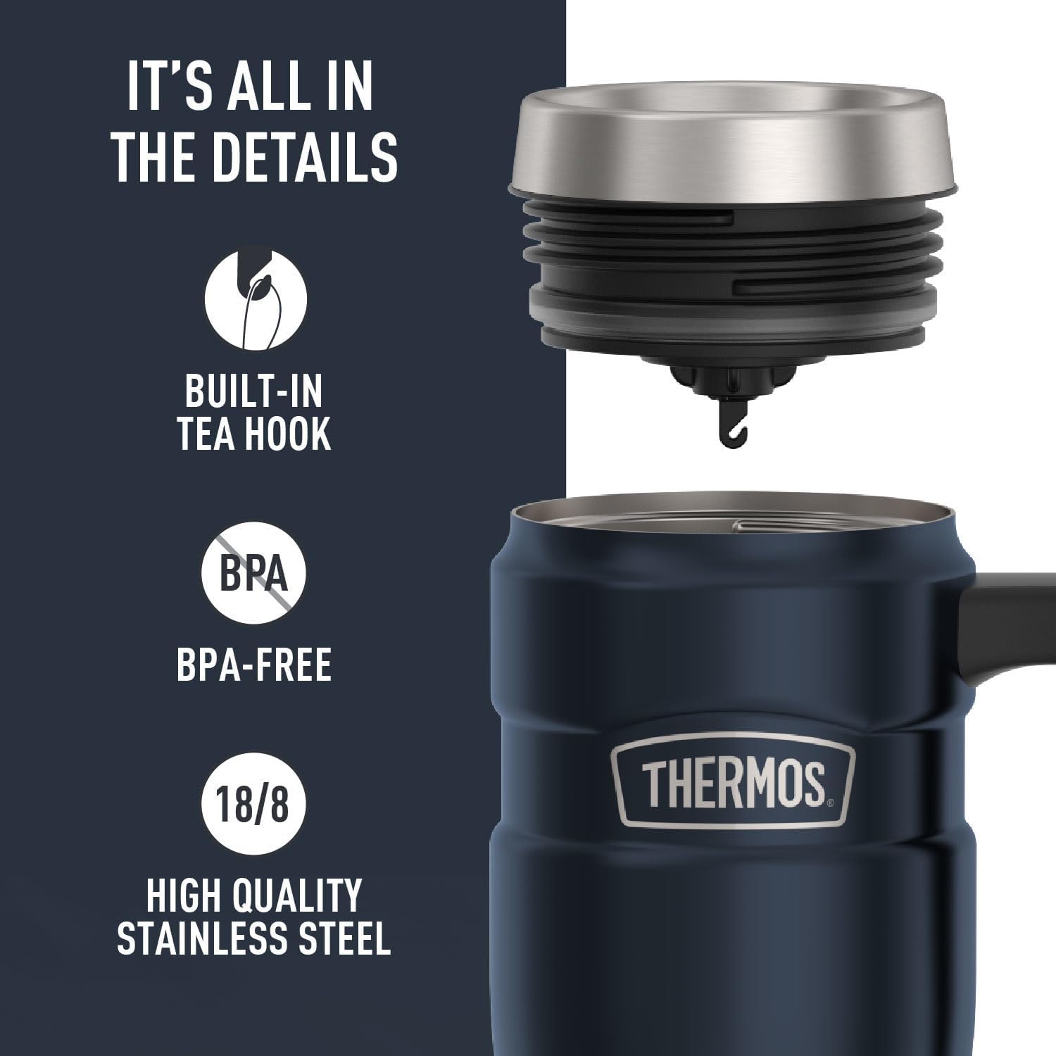 THERMOS Stainless King Travel Mug - 16oz Vacuum-Insulated, Midnight Blue - Leak-Proof Coffee Tumbler for Hot & Cold Drinks